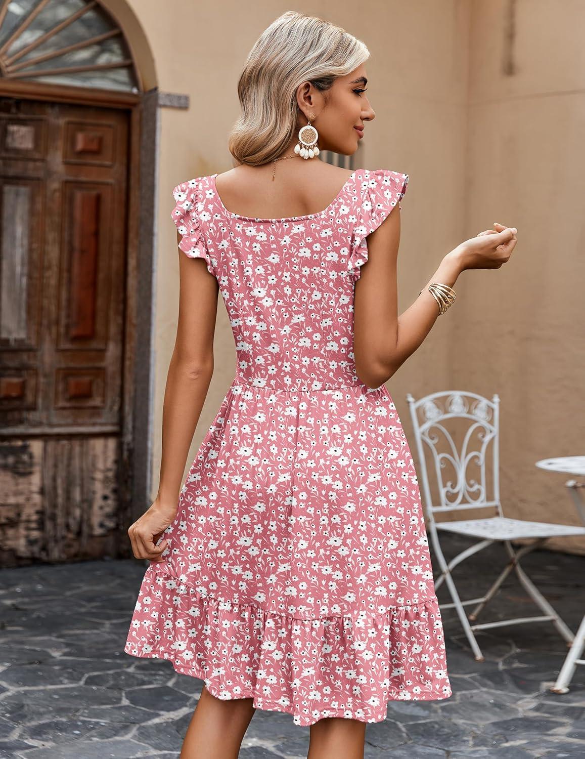imageZeagoo Boho Mini Aline Dress 2025 Womens Summer Dress Casual Ruffle Tiered Floral Square Neck Sundresses Beach with PocketsPink White Floral