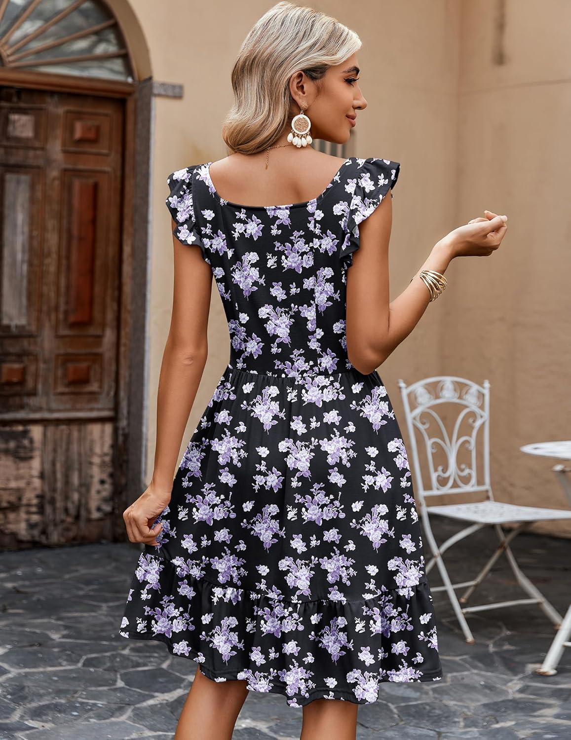 imageZeagoo Boho Mini Aline Dress 2025 Womens Summer Dress Casual Ruffle Tiered Floral Square Neck Sundresses Beach with PocketsPurple Floral