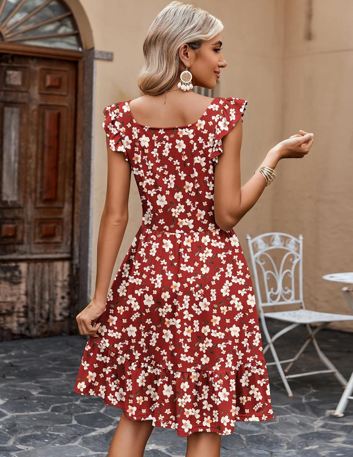 imageZeagoo Boho Mini Aline Dress 2025 Womens Summer Dress Casual Ruffle Tiered Floral Square Neck Sundresses Beach with PocketsRed Floral