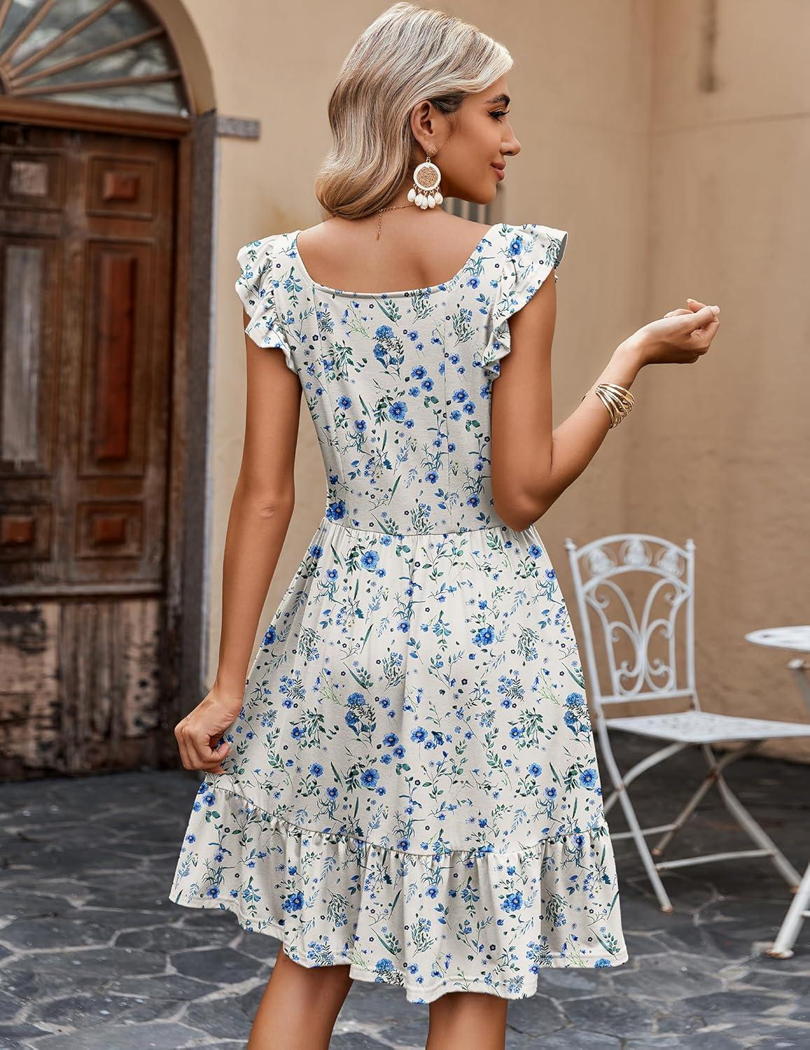 imageZeagoo Boho Mini Aline Dress 2025 Womens Summer Dress Casual Ruffle Tiered Floral Square Neck Sundresses Beach with PocketsWhite Blue Floral