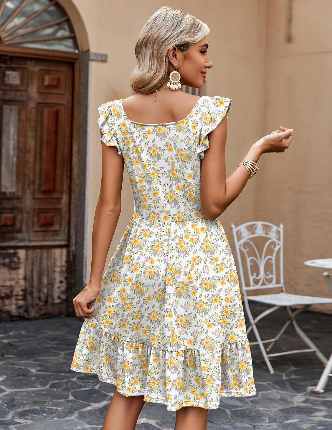 imageZeagoo Boho Mini Aline Dress 2025 Womens Summer Dress Casual Ruffle Tiered Floral Square Neck Sundresses Beach with PocketsYellow Floral