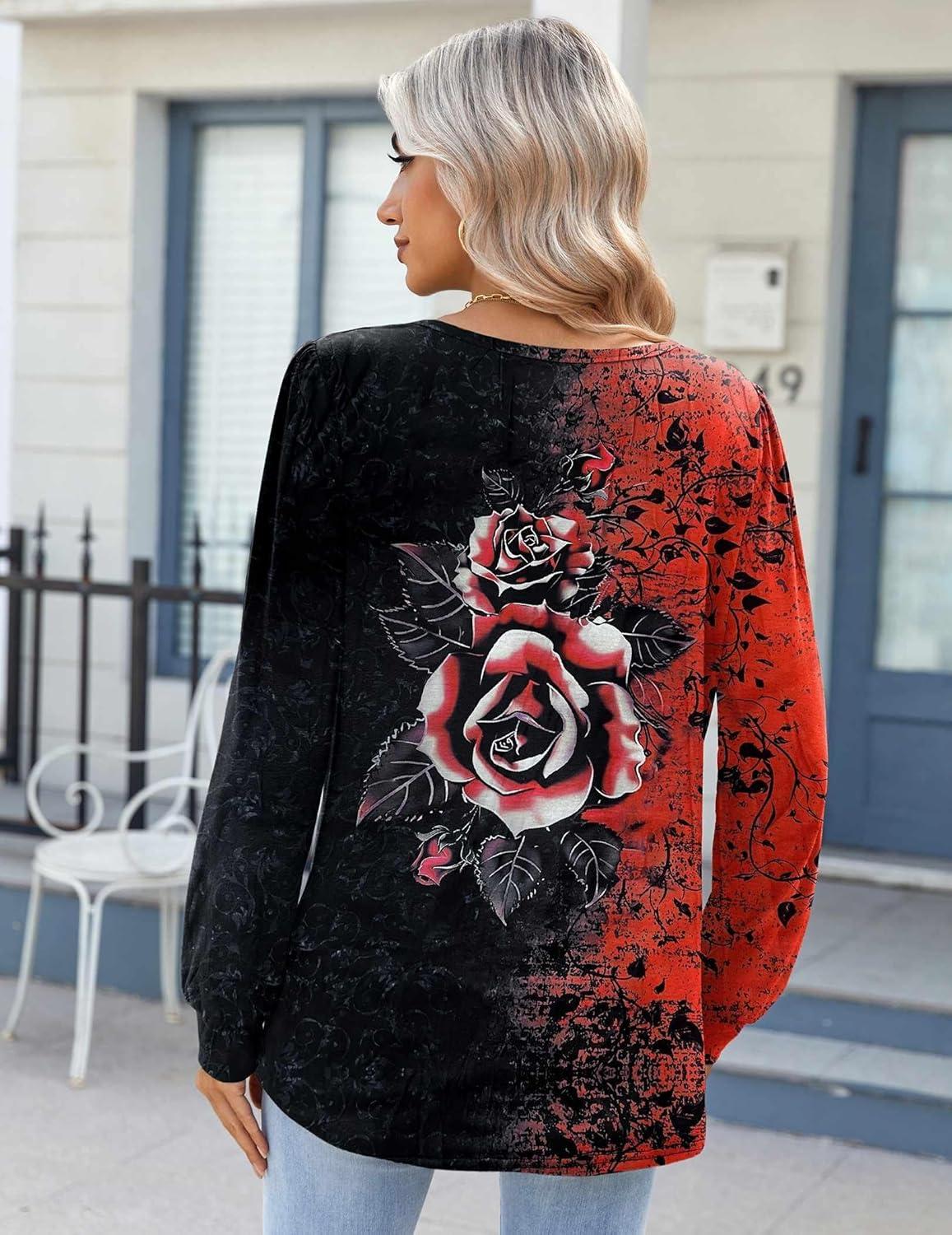 imageZeagoo Fall Tops for Women Long Sleeve Button Up Shirts Floral Tunics V Neck Pullover BlouseBlack Red Floral