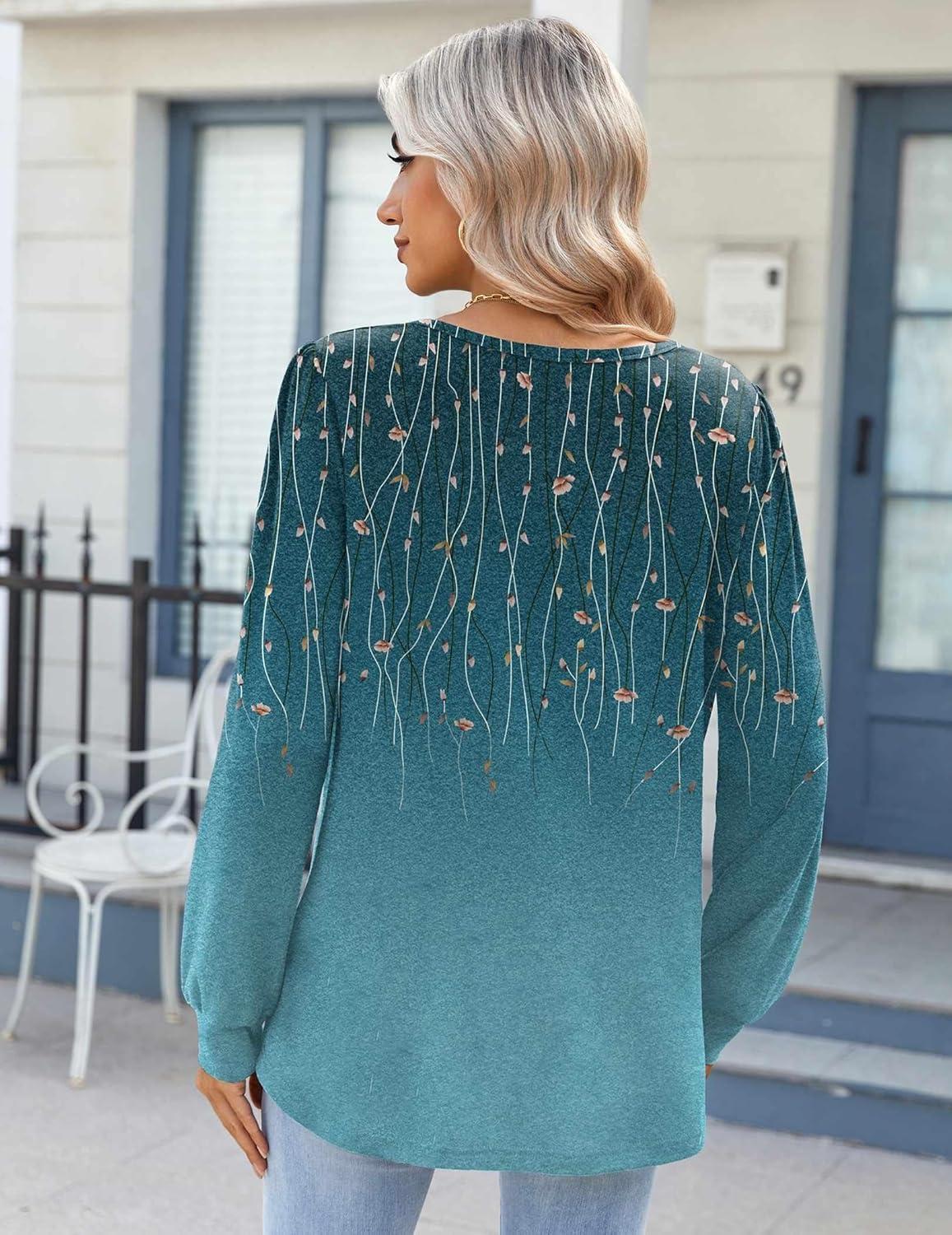 imageZeagoo Fall Tops for Women Long Sleeve Button Up Shirts Floral Tunics V Neck Pullover BlouseBlue Floral