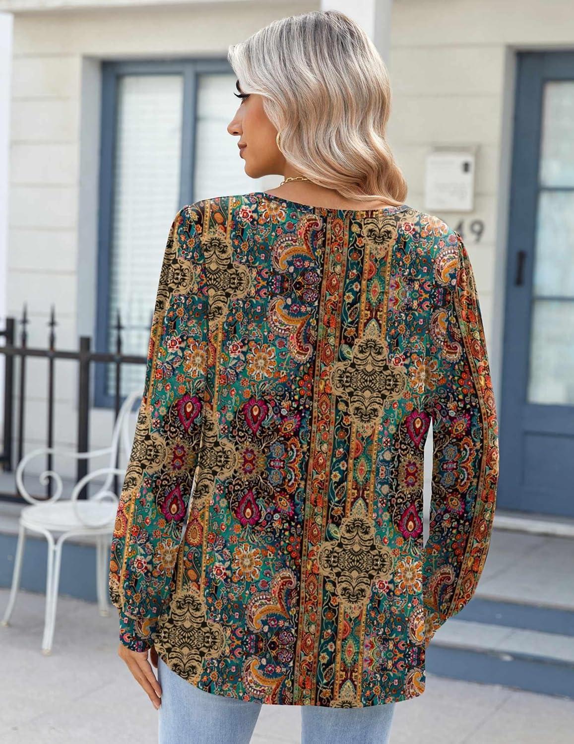 imageZeagoo Fall Tops for Women Long Sleeve Button Up Shirts Floral Tunics V Neck Pullover BlouseEthnic Print