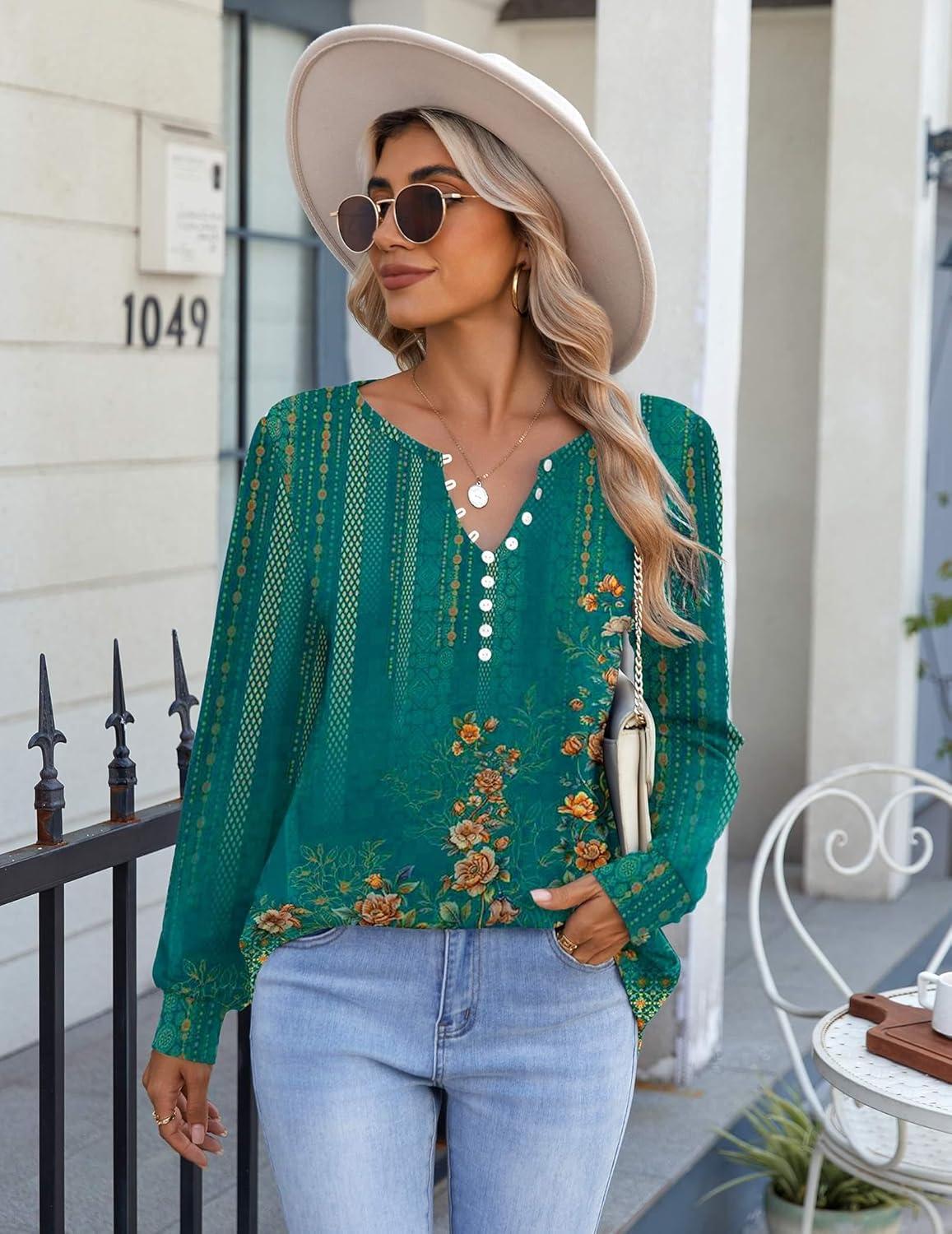imageZeagoo Fall Tops for Women Long Sleeve Button Up Shirts Floral Tunics V Neck Pullover BlouseGreen Floral 02