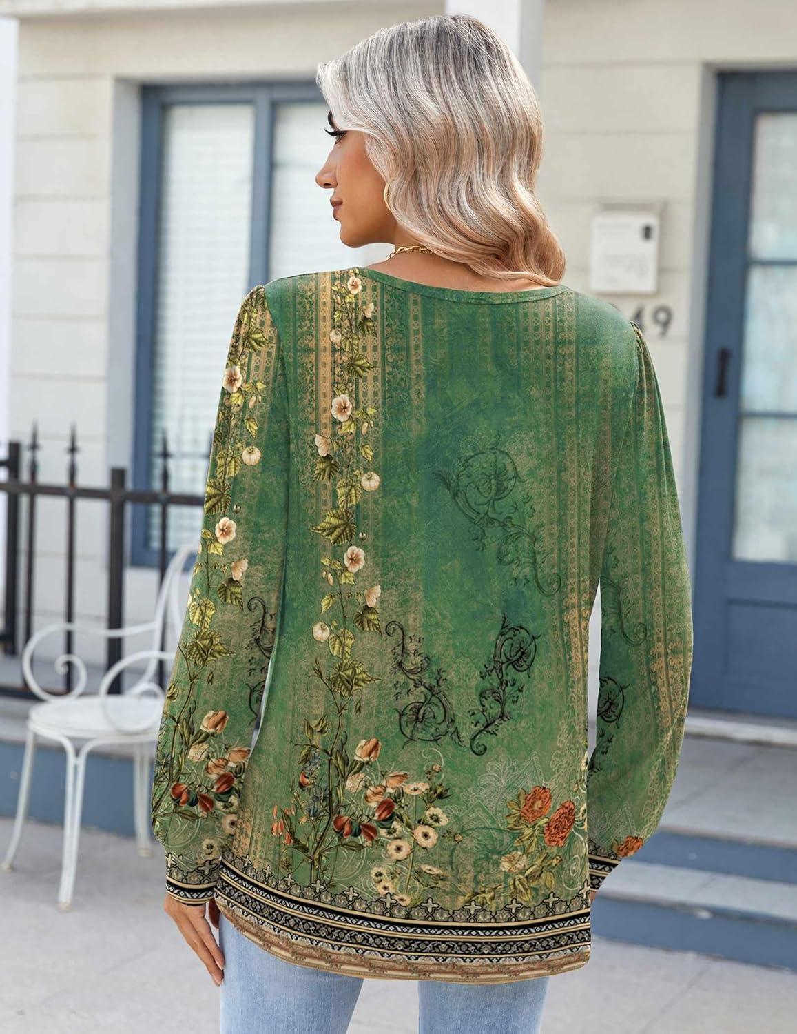 imageZeagoo Fall Tops for Women Long Sleeve Button Up Shirts Floral Tunics V Neck Pullover BlouseGreen Floral
