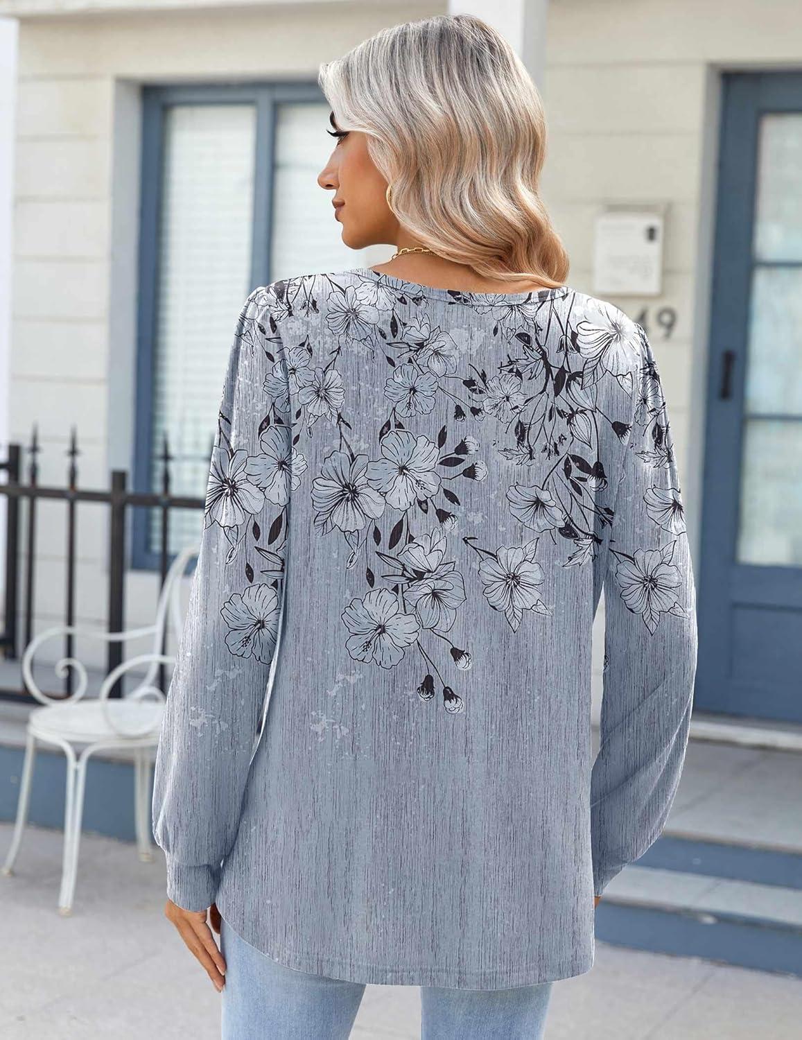 imageZeagoo Fall Tops for Women Long Sleeve Button Up Shirts Floral Tunics V Neck Pullover BlouseGrey Floral 01