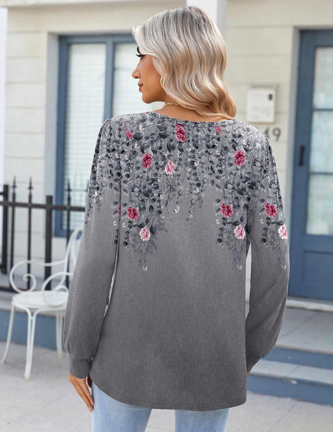 imageZeagoo Fall Tops for Women Long Sleeve Button Up Shirts Floral Tunics V Neck Pullover BlouseGrey Floral 02
