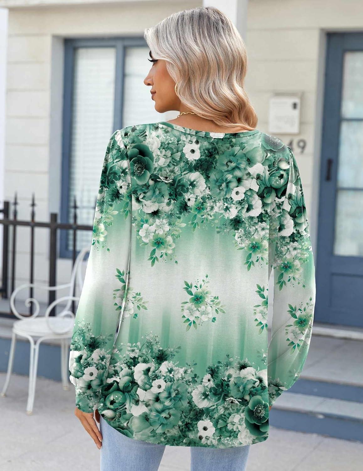 imageZeagoo Fall Tops for Women Long Sleeve Button Up Shirts Floral Tunics V Neck Pullover BlouseLight Green Floral