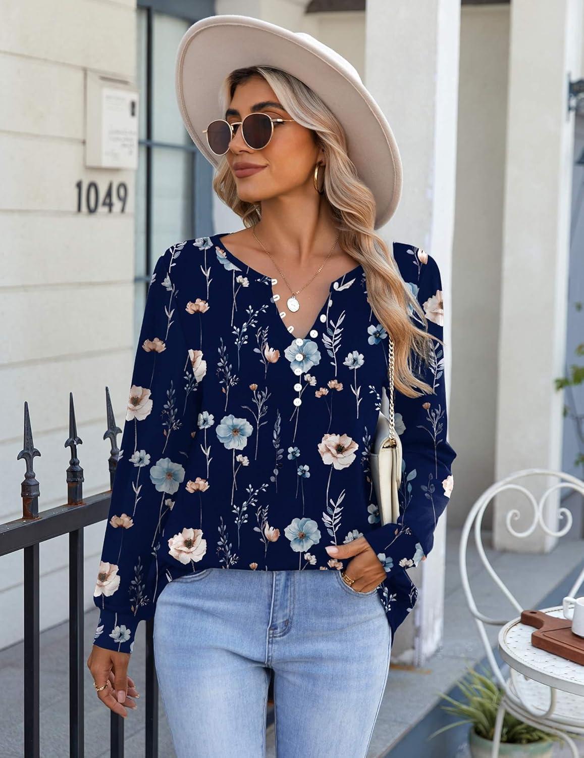 imageZeagoo Fall Tops for Women Long Sleeve Button Up Shirts Floral Tunics V Neck Pullover BlouseNavy Flower