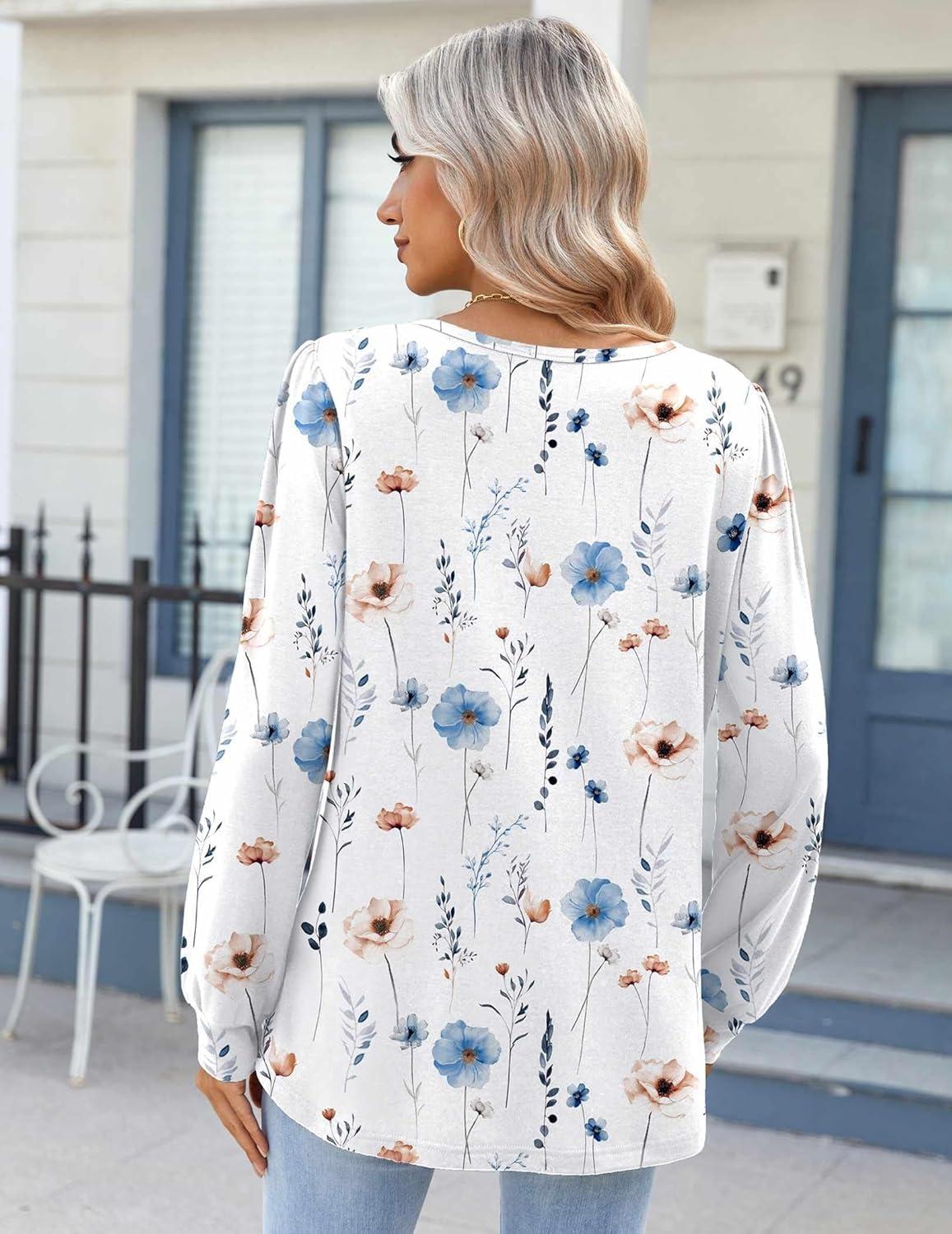imageZeagoo Fall Tops for Women Long Sleeve Button Up Shirts Floral Tunics V Neck Pullover BlouseWhite Floral 01