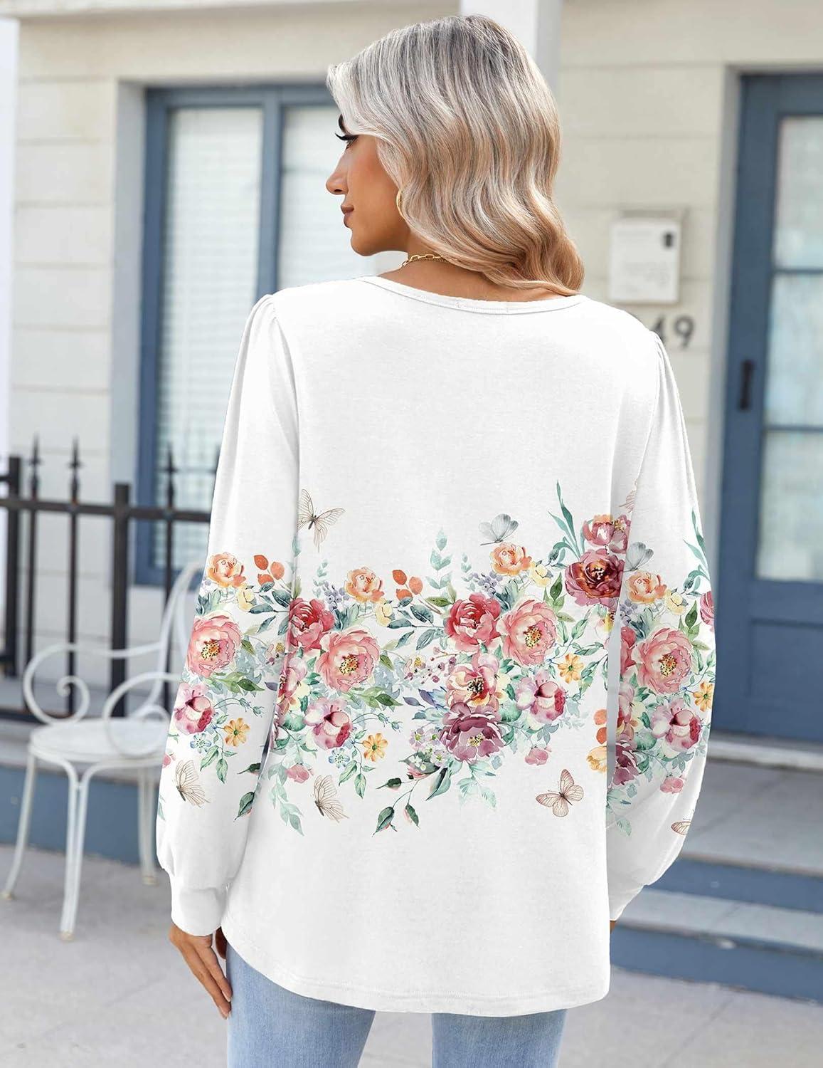 imageZeagoo Fall Tops for Women Long Sleeve Button Up Shirts Floral Tunics V Neck Pullover BlouseWhite Floral 02
