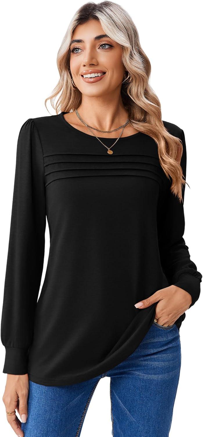 imageZeagoo Long Sleeve Shirts for Women Casual Fall Fashion Crewneck Pleated Tunic Tops Work Outfit BlouseBlack