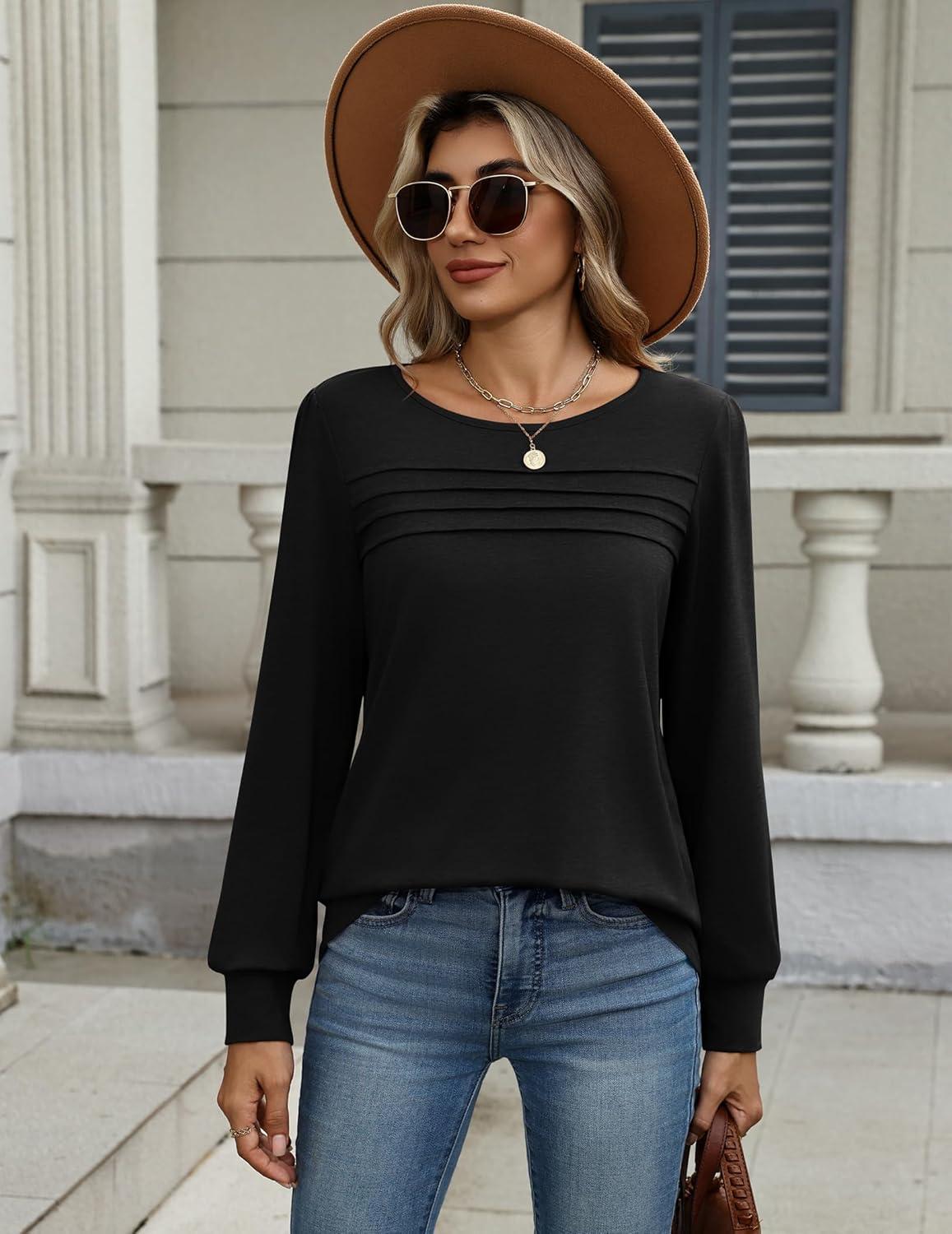 imageZeagoo Long Sleeve Shirts for Women Casual Fall Fashion Crewneck Pleated Tunic Tops Work Outfit BlouseBlack