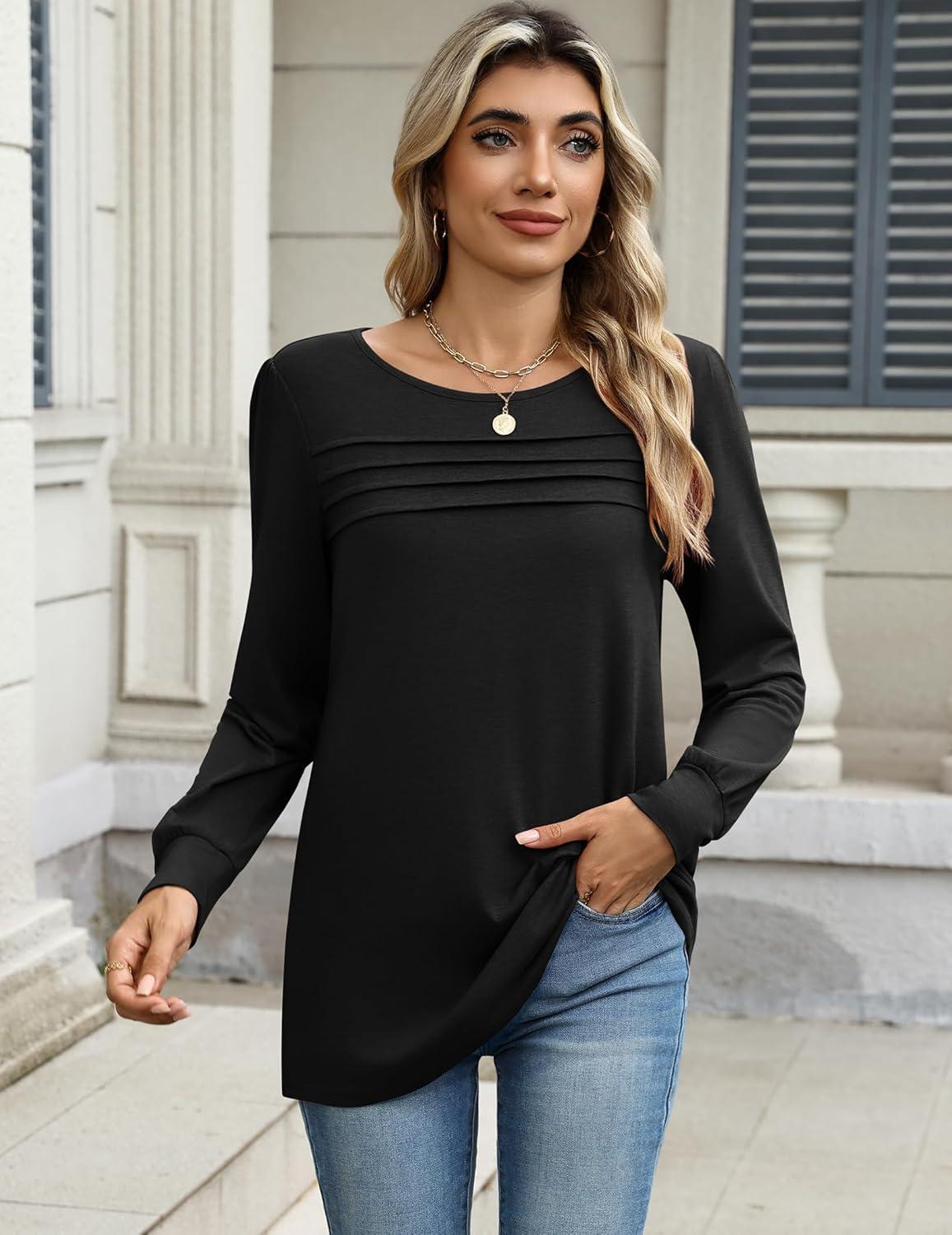 imageZeagoo Long Sleeve Shirts for Women Casual Fall Fashion Crewneck Pleated Tunic Tops Work Outfit BlouseBlack