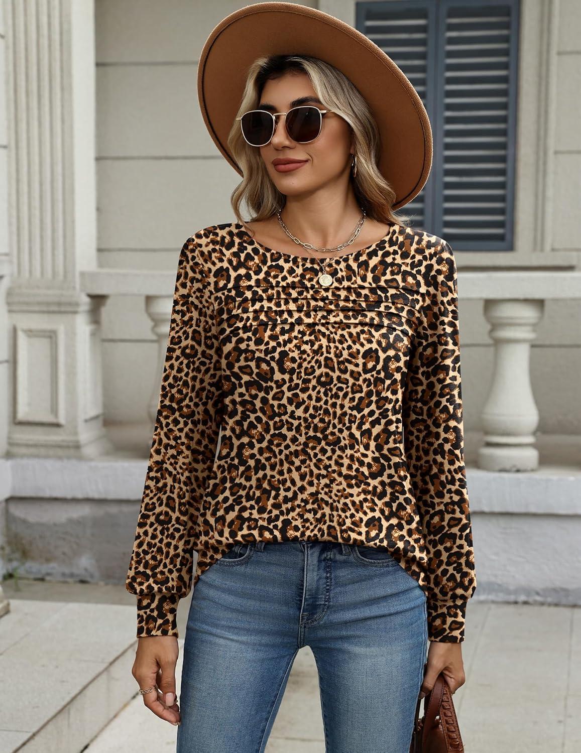 imageZeagoo Long Sleeve Shirts for Women Casual Fall Fashion Crewneck Pleated Tunic Tops Work Outfit BlouseLeopard 136