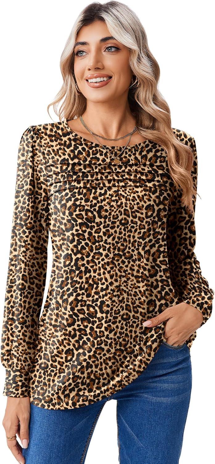 imageZeagoo Long Sleeve Shirts for Women Casual Fall Fashion Crewneck Pleated Tunic Tops Work Outfit BlouseLeopard 136