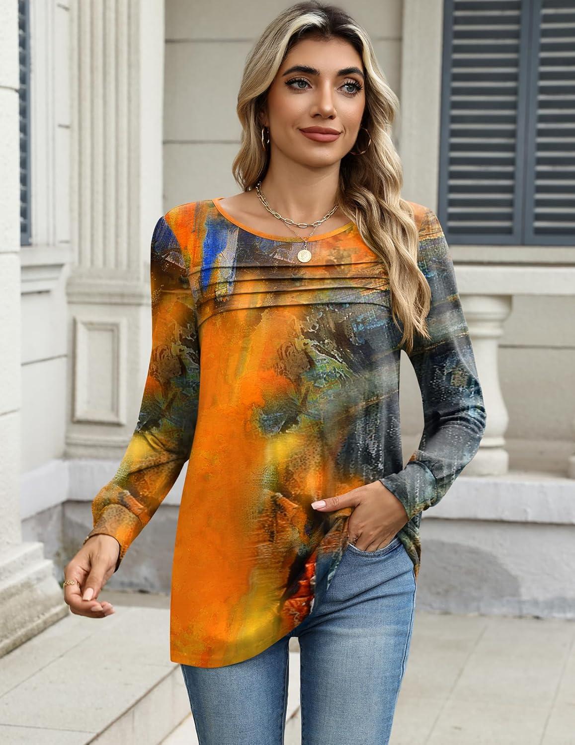 imageZeagoo Long Sleeve Shirts for Women Casual Fall Fashion Crewneck Pleated Tunic Tops Work Outfit BlousePrinted Orange 272