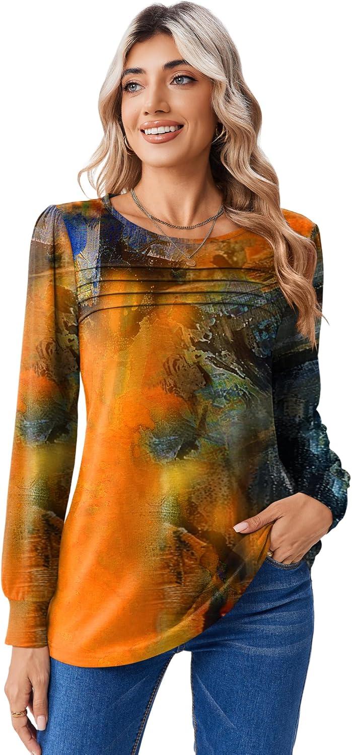 imageZeagoo Long Sleeve Shirts for Women Casual Fall Fashion Crewneck Pleated Tunic Tops Work Outfit BlousePrinted Orange 272
