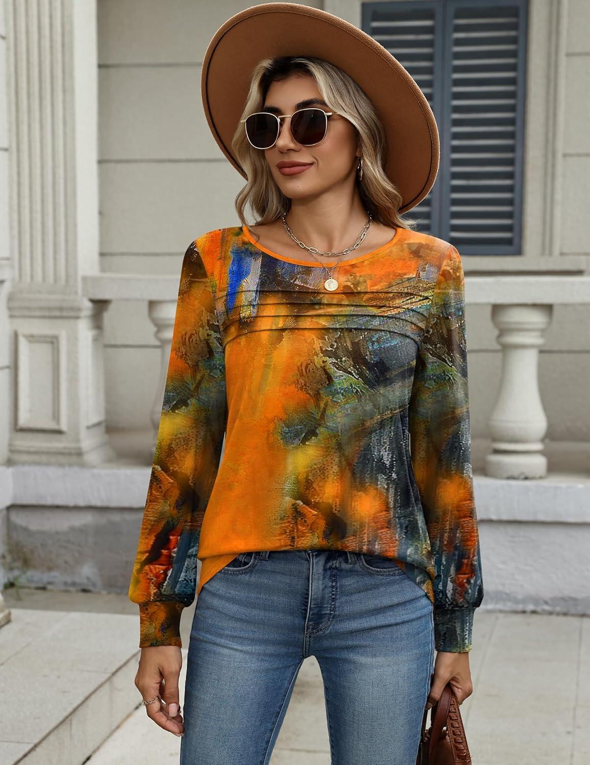 imageZeagoo Long Sleeve Shirts for Women Casual Fall Fashion Crewneck Pleated Tunic Tops Work Outfit BlousePrinted Orange 272
