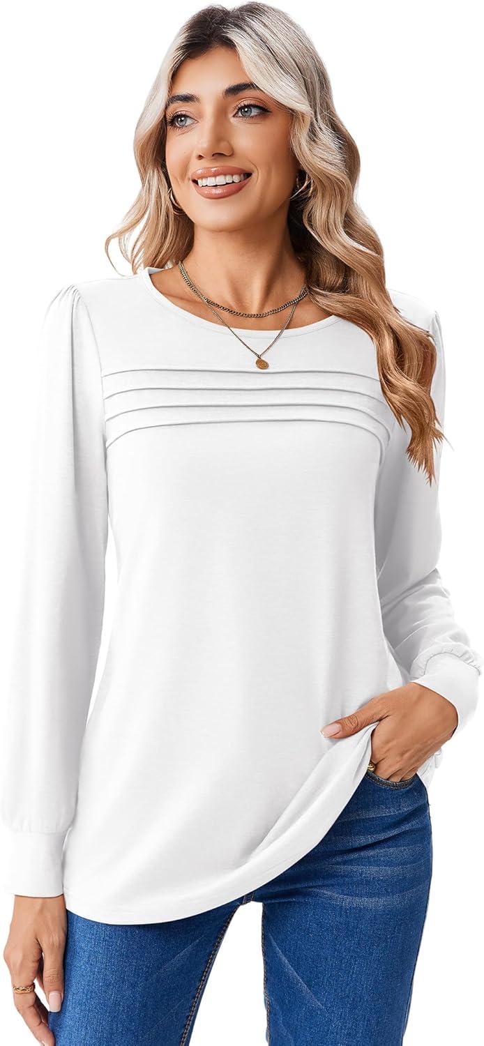 imageZeagoo Long Sleeve Shirts for Women Casual Fall Fashion Crewneck Pleated Tunic Tops Work Outfit BlouseWhite