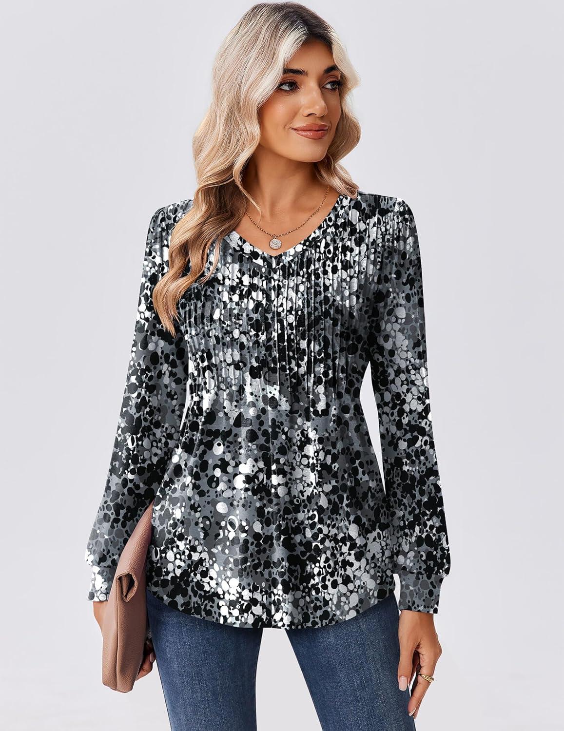 imageZeagoo Long Sleeve Shirts for Women Casual V Neck Top Pleated Floral Boho Blouses 2026 Fall TunicsCx273