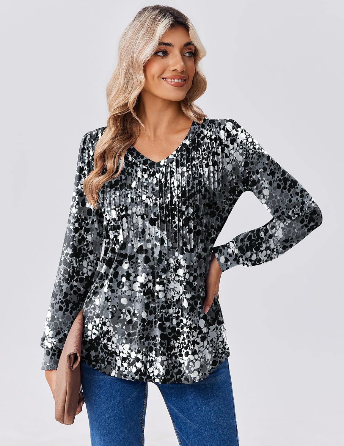 imageZeagoo Long Sleeve Shirts for Women Casual V Neck Top Pleated Floral Boho Blouses 2026 Fall TunicsCx273