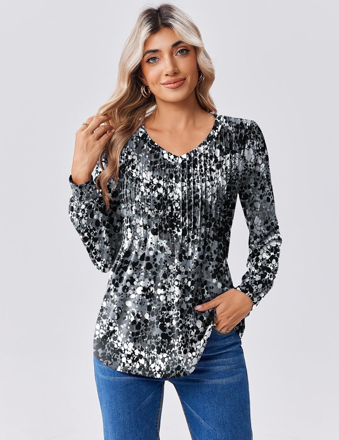imageZeagoo Long Sleeve Shirts for Women Casual V Neck Top Pleated Floral Boho Blouses 2026 Fall TunicsCx273