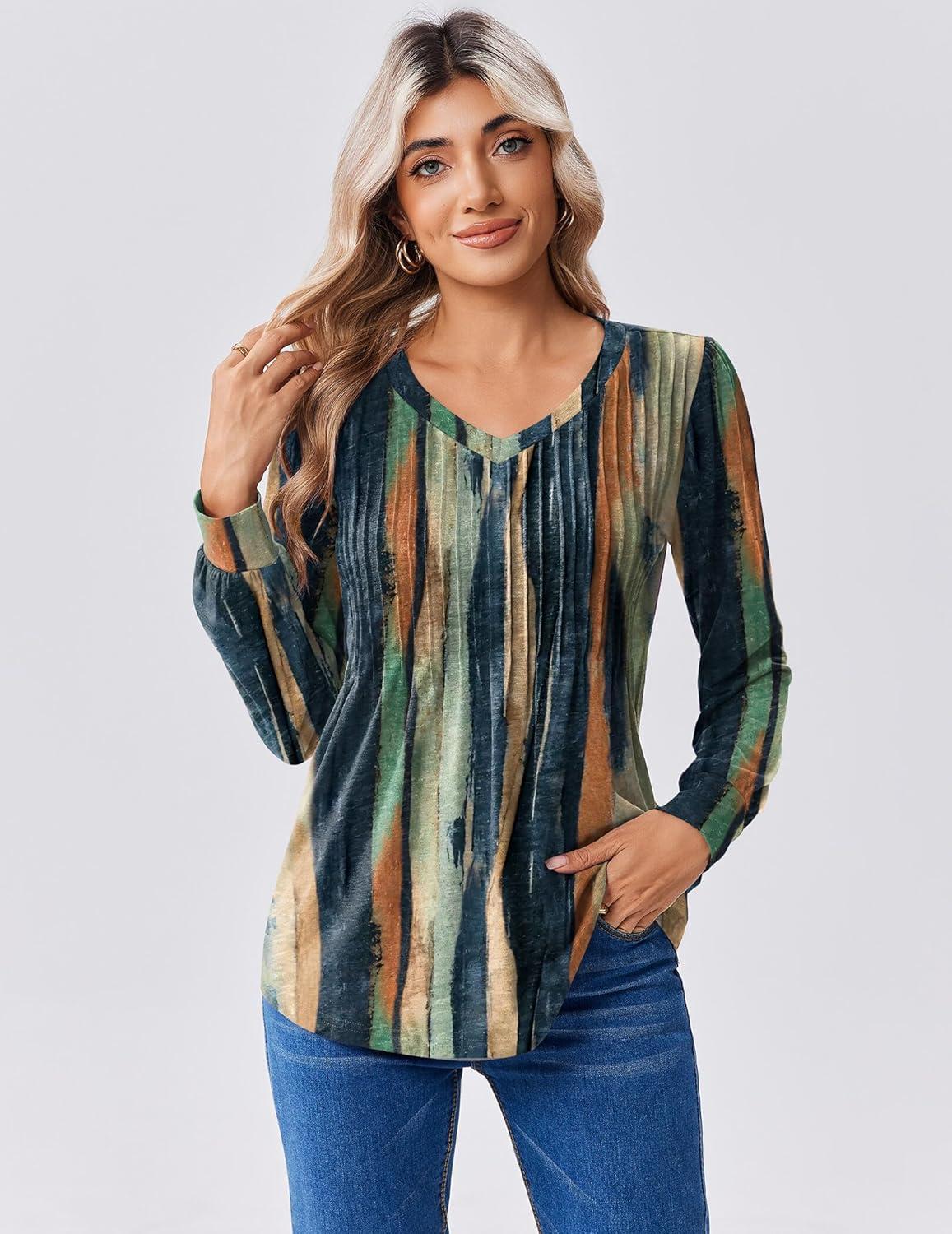 imageZeagoo Long Sleeve Shirts for Women Casual V Neck Top Pleated Floral Boho Blouses 2026 Fall TunicsCx289