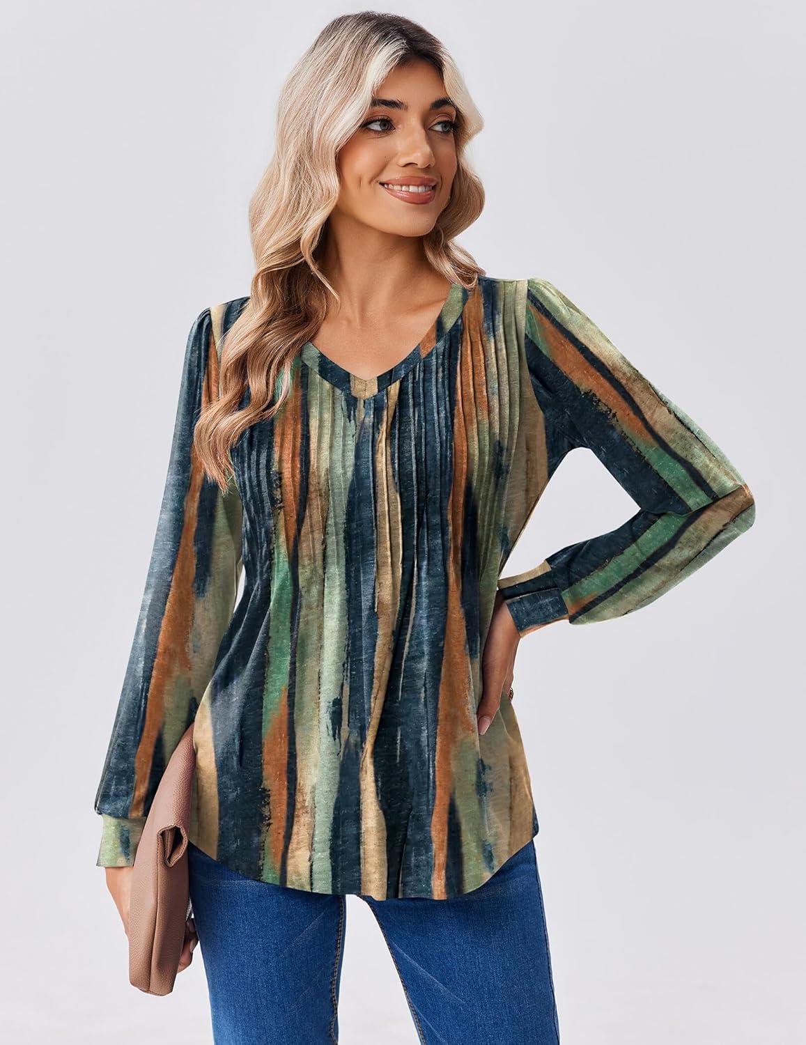 imageZeagoo Long Sleeve Shirts for Women Casual V Neck Top Pleated Floral Boho Blouses 2026 Fall TunicsCx289