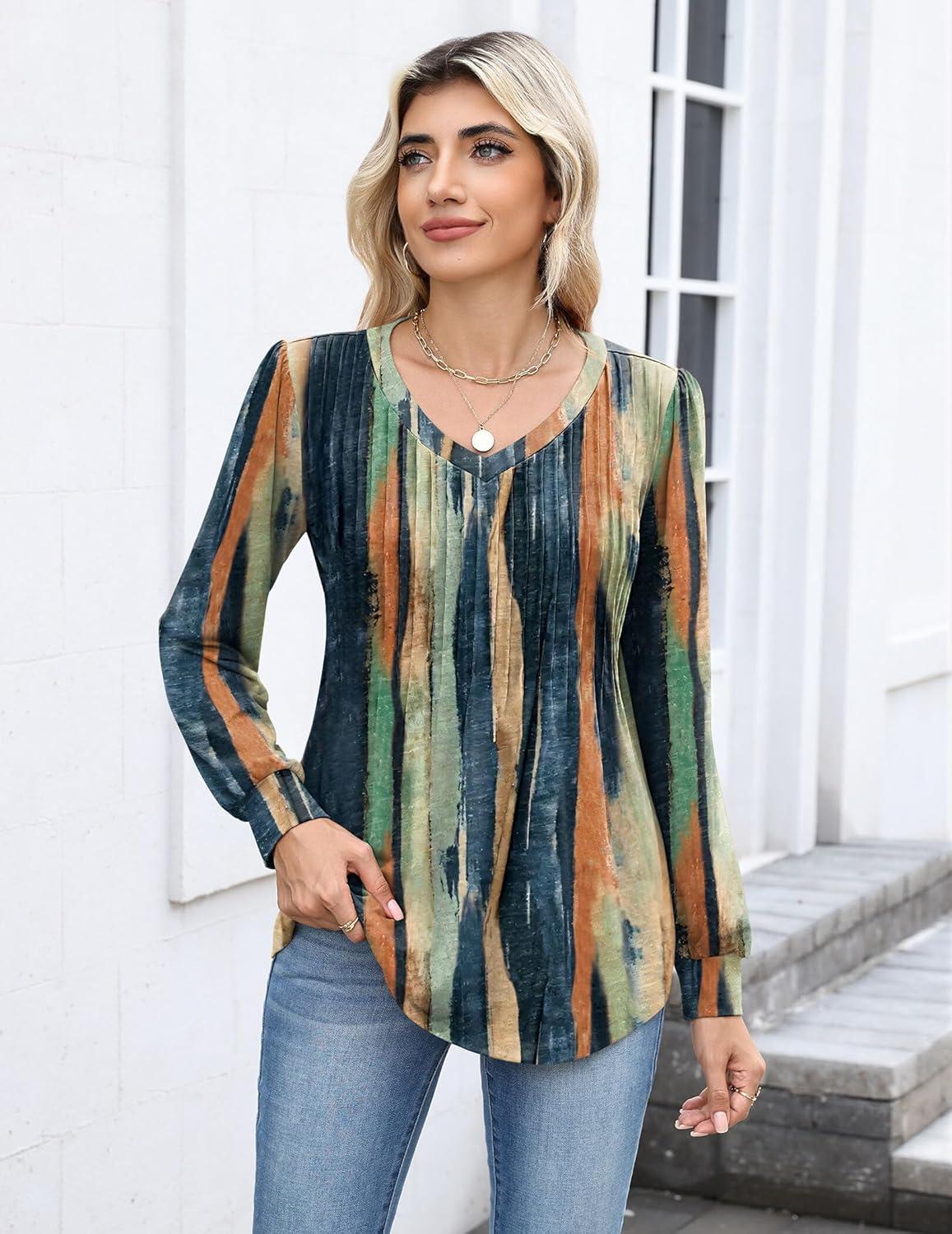 imageZeagoo Long Sleeve Shirts for Women Casual V Neck Top Pleated Floral Boho Blouses 2026 Fall TunicsCx289