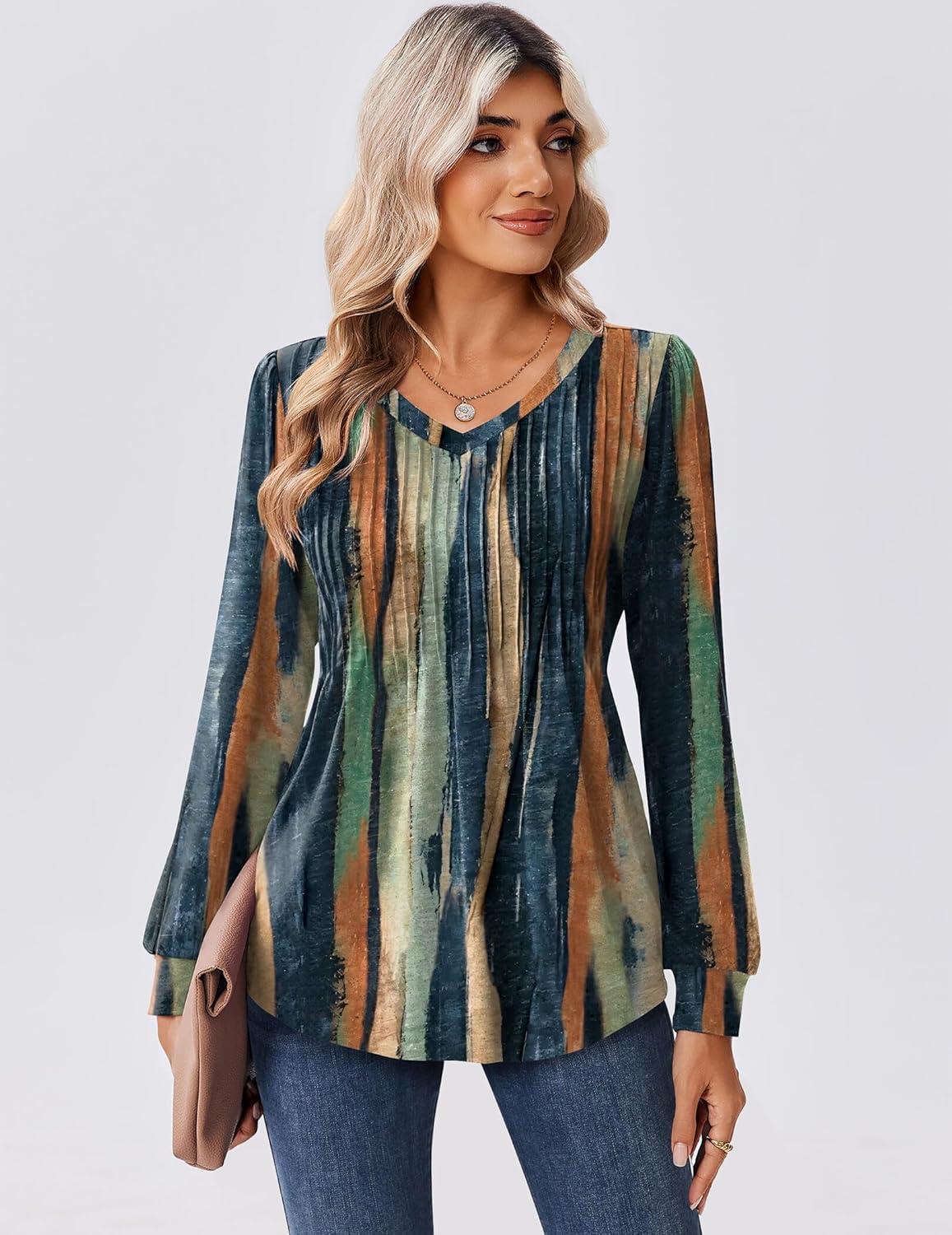 imageZeagoo Long Sleeve Shirts for Women Casual V Neck Top Pleated Floral Boho Blouses 2026 Fall TunicsCx289