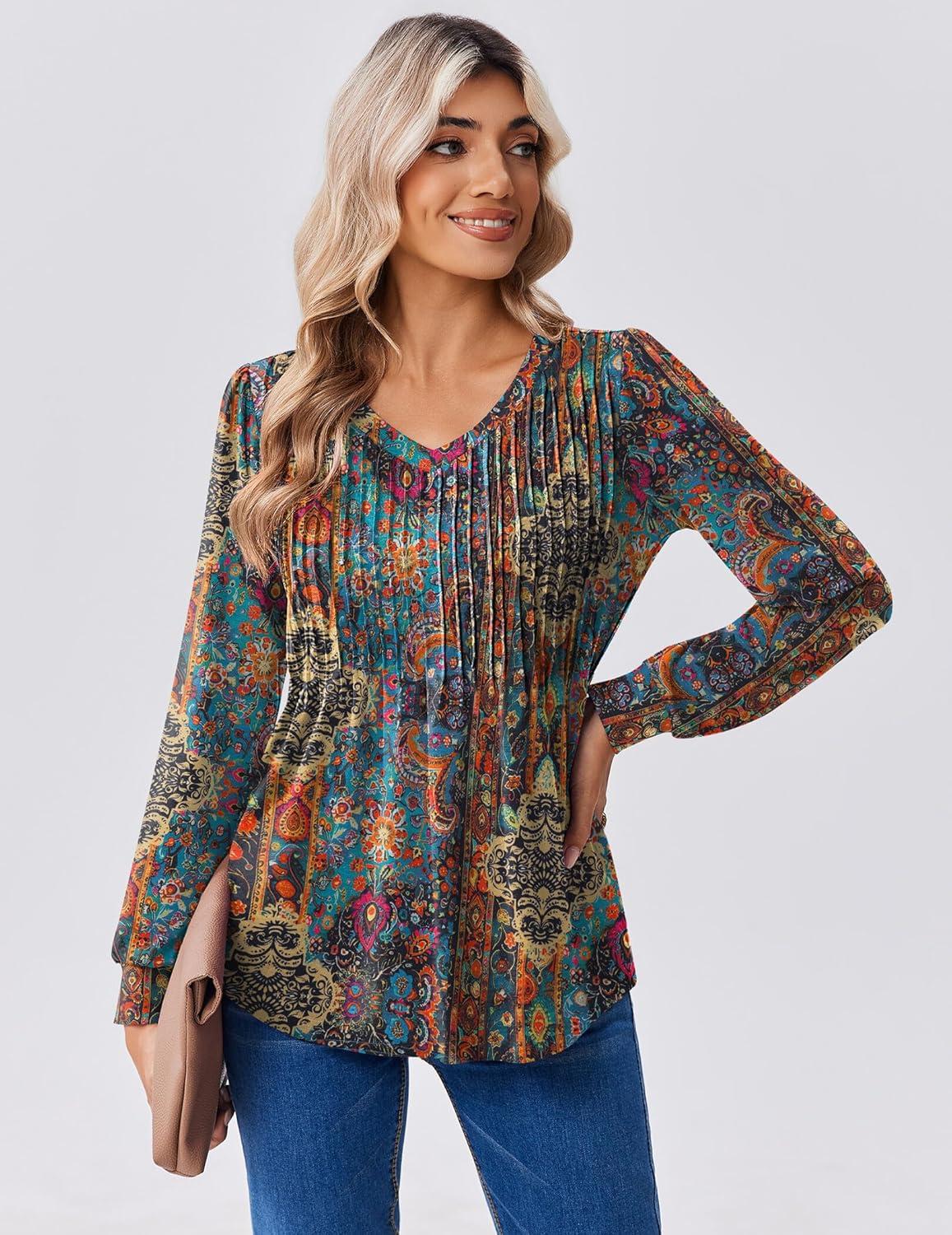 imageZeagoo Long Sleeve Shirts for Women Casual V Neck Top Pleated Floral Boho Blouses 2026 Fall TunicsMz721