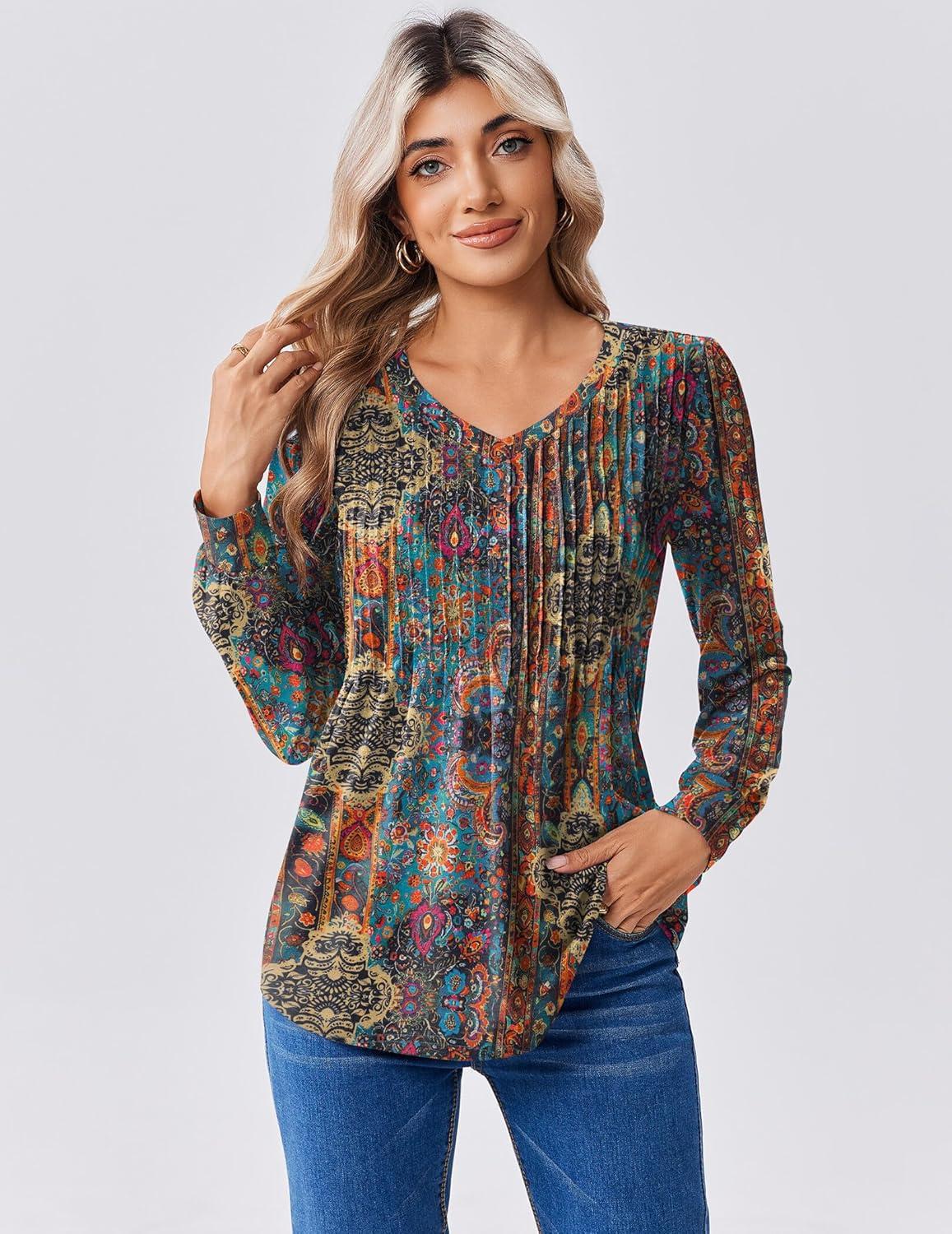 imageZeagoo Long Sleeve Shirts for Women Casual V Neck Top Pleated Floral Boho Blouses 2026 Fall TunicsMz721
