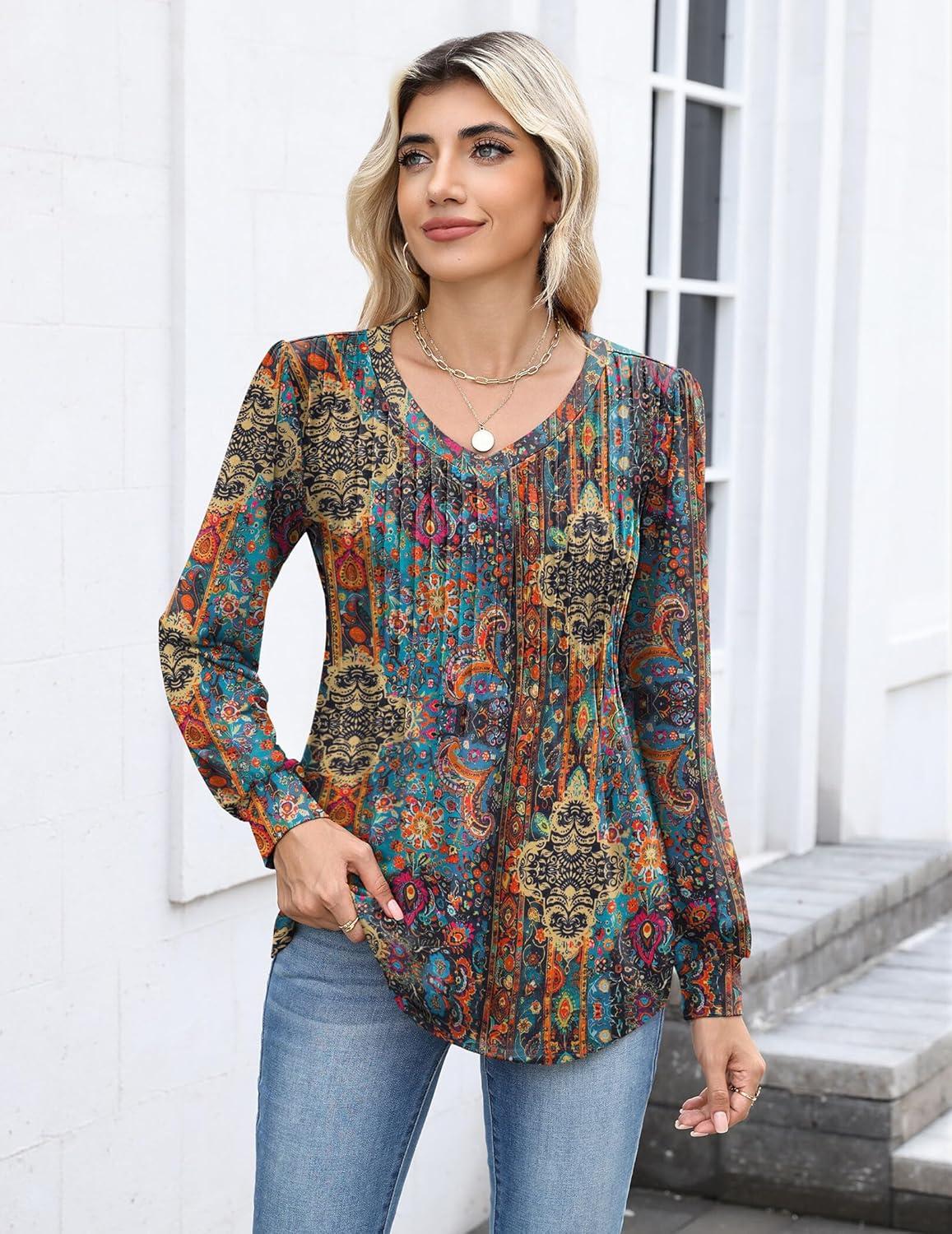 imageZeagoo Long Sleeve Shirts for Women Casual V Neck Top Pleated Floral Boho Blouses 2026 Fall TunicsMz721