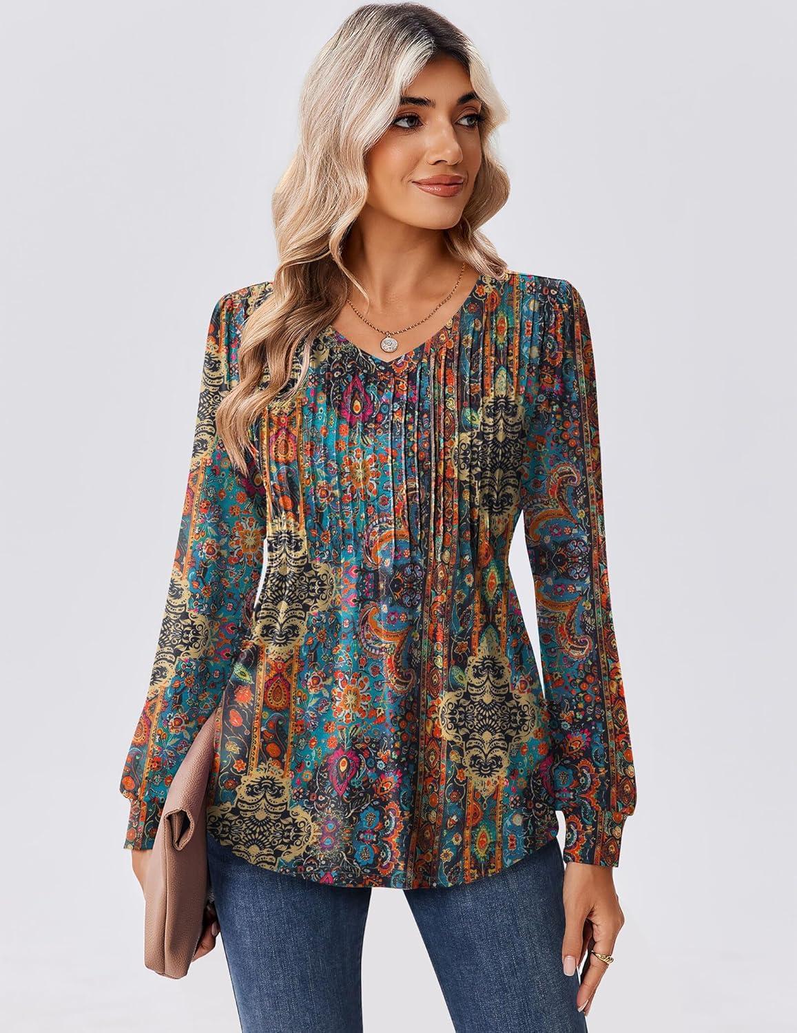 imageZeagoo Long Sleeve Shirts for Women Casual V Neck Top Pleated Floral Boho Blouses 2026 Fall TunicsMz721