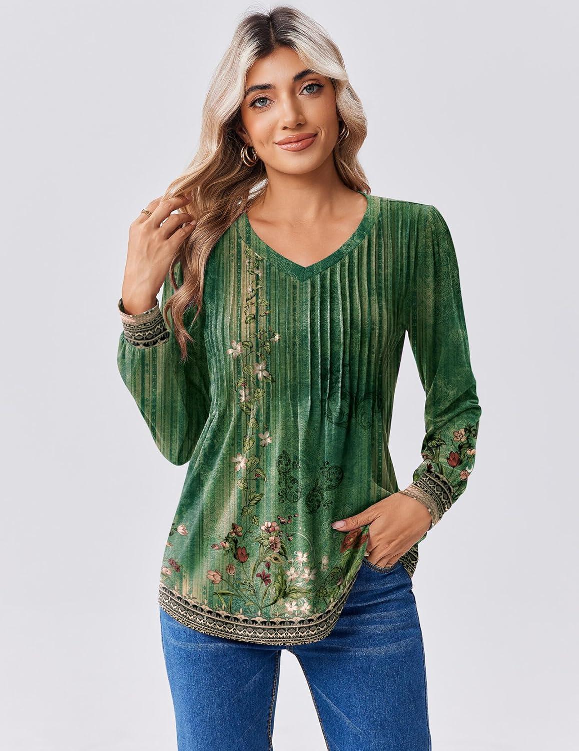 imageZeagoo Long Sleeve Shirts for Women Casual V Neck Top Pleated Floral Boho Blouses 2026 Fall TunicsMz808