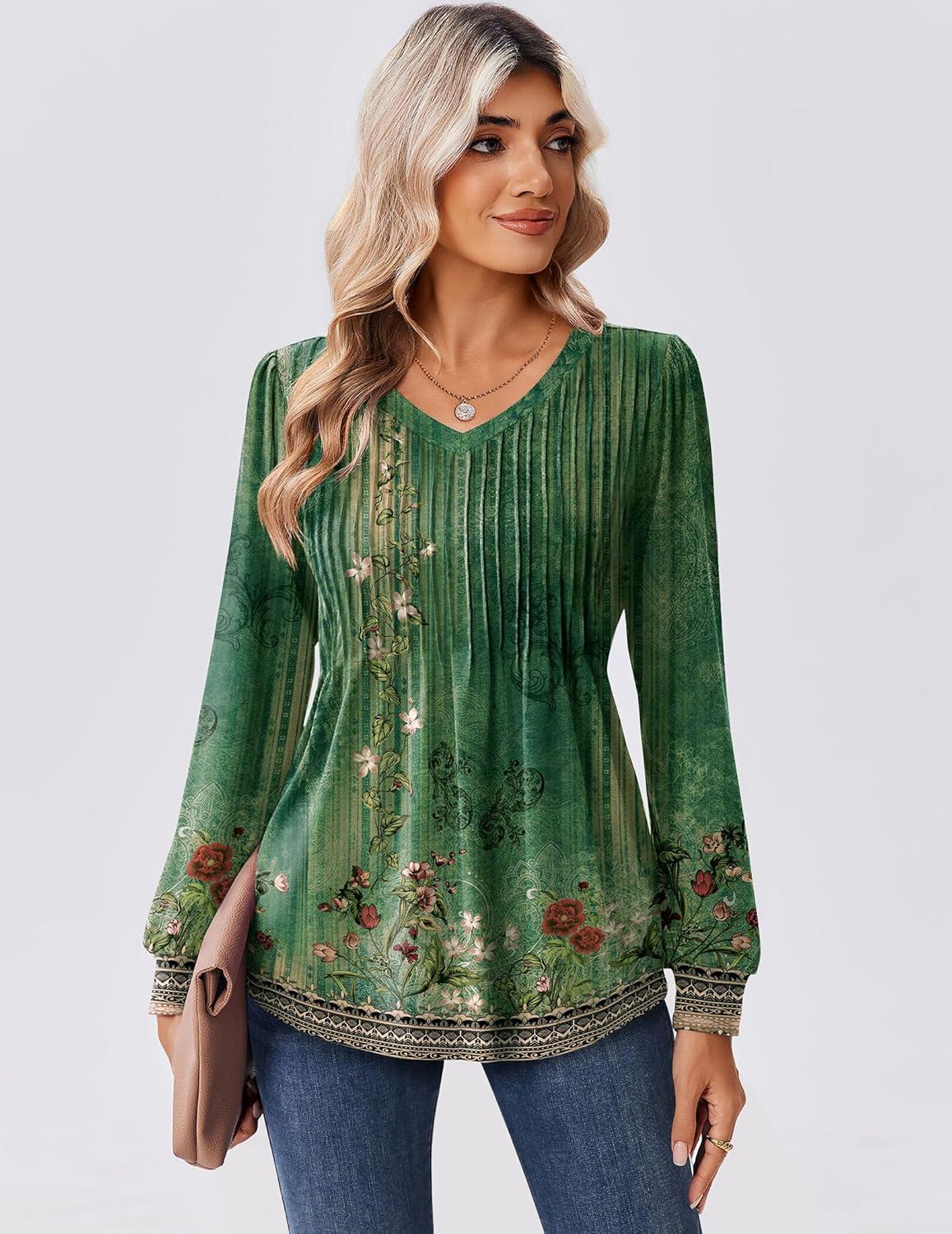 imageZeagoo Long Sleeve Shirts for Women Casual V Neck Top Pleated Floral Boho Blouses 2026 Fall TunicsMz808