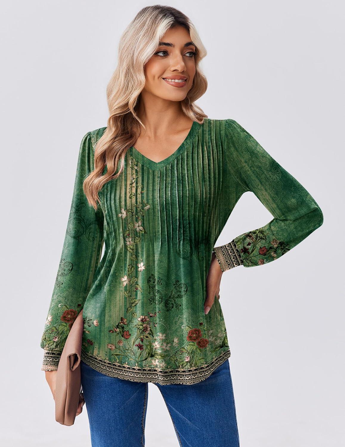 imageZeagoo Long Sleeve Shirts for Women Casual V Neck Top Pleated Floral Boho Blouses 2026 Fall TunicsMz808