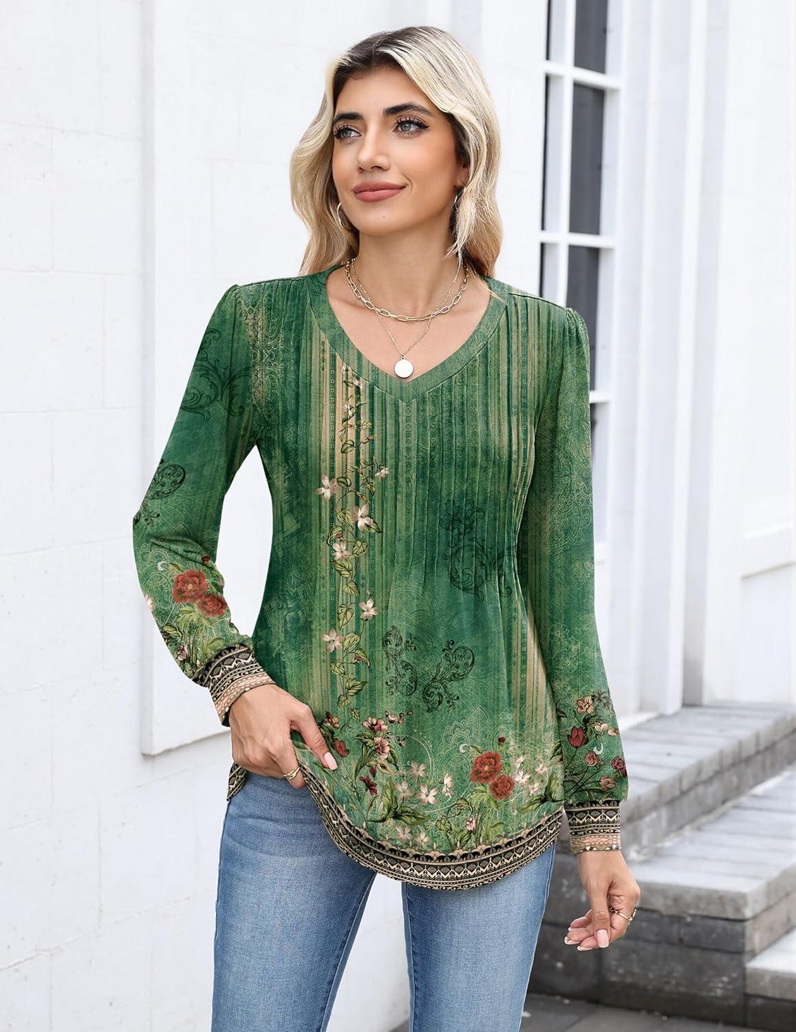 imageZeagoo Long Sleeve Shirts for Women Casual V Neck Top Pleated Floral Boho Blouses 2026 Fall TunicsMz808