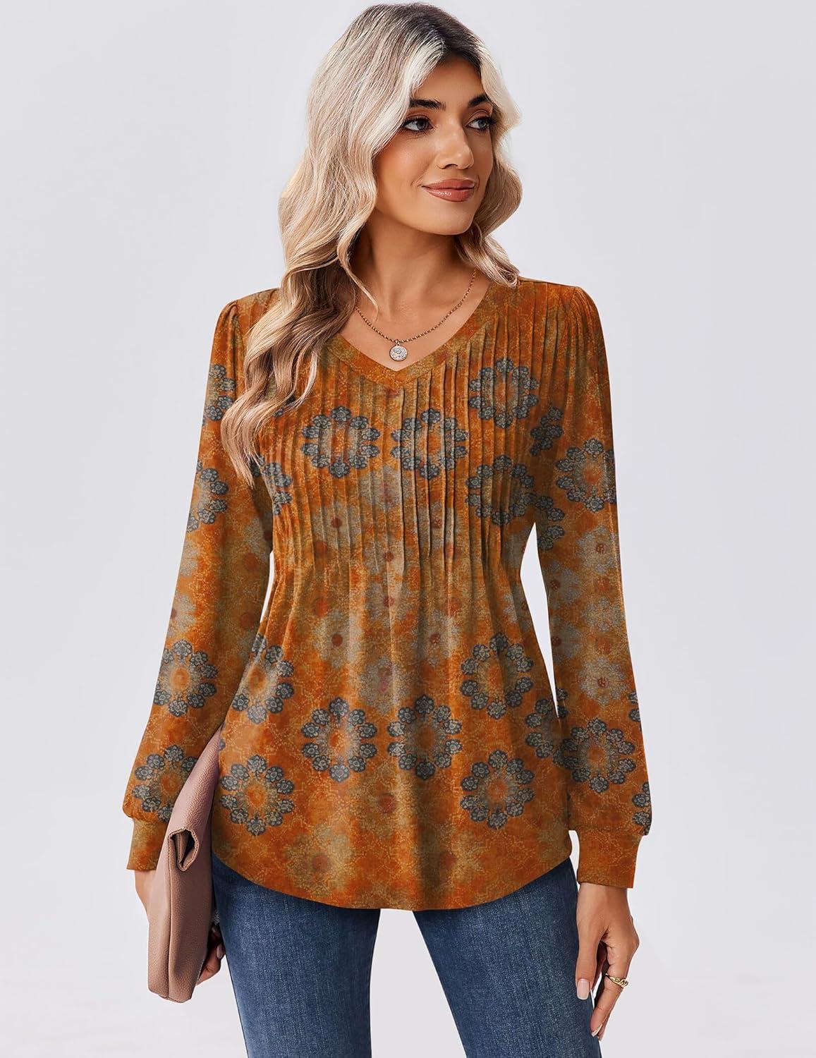 imageZeagoo Long Sleeve Shirts for Women Casual V Neck Top Pleated Floral Boho Blouses 2026 Fall TunicsMz836