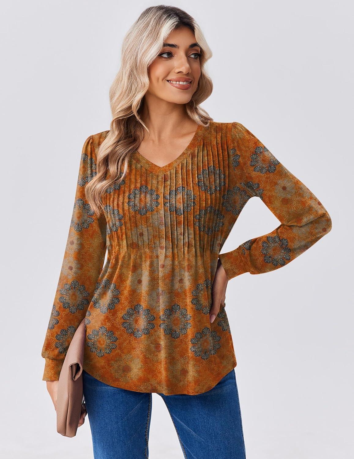 imageZeagoo Long Sleeve Shirts for Women Casual V Neck Top Pleated Floral Boho Blouses 2026 Fall TunicsMz836