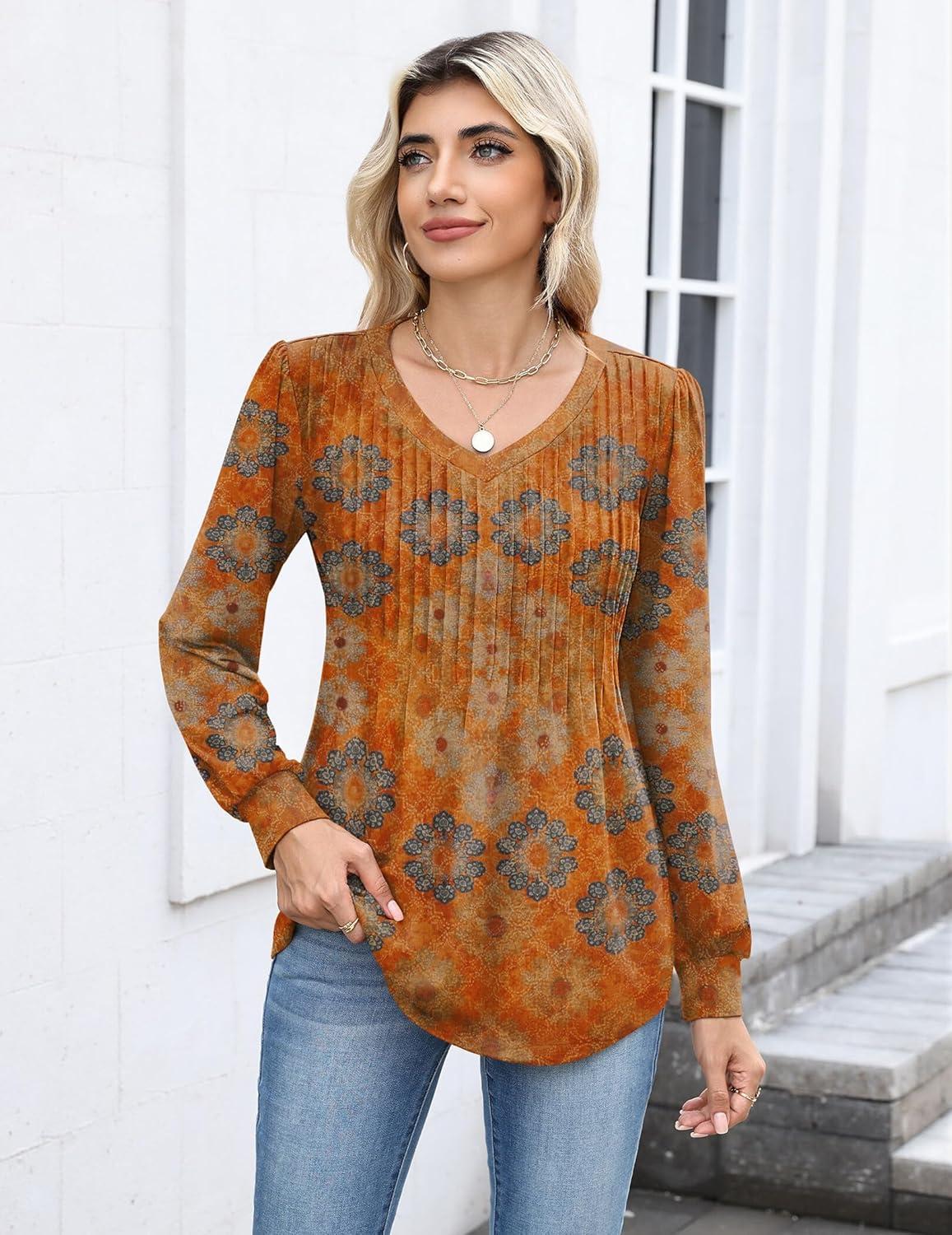 imageZeagoo Long Sleeve Shirts for Women Casual V Neck Top Pleated Floral Boho Blouses 2026 Fall TunicsMz836