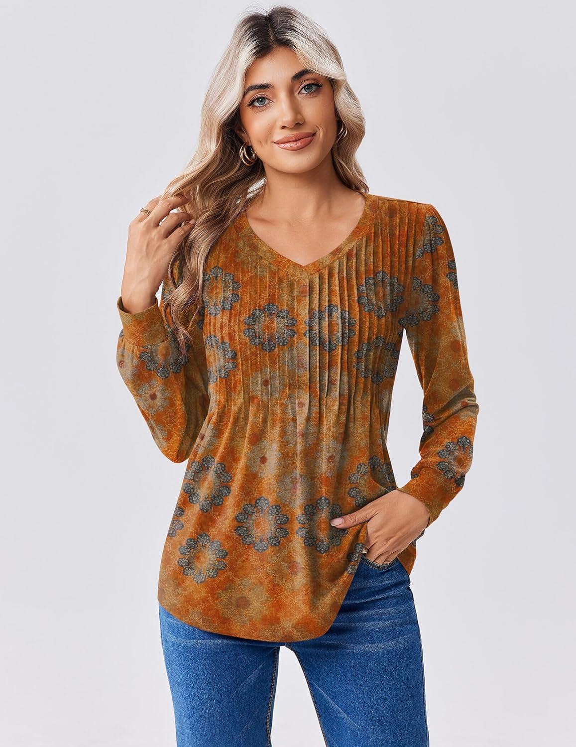 imageZeagoo Long Sleeve Shirts for Women Casual V Neck Top Pleated Floral Boho Blouses 2026 Fall TunicsMz836