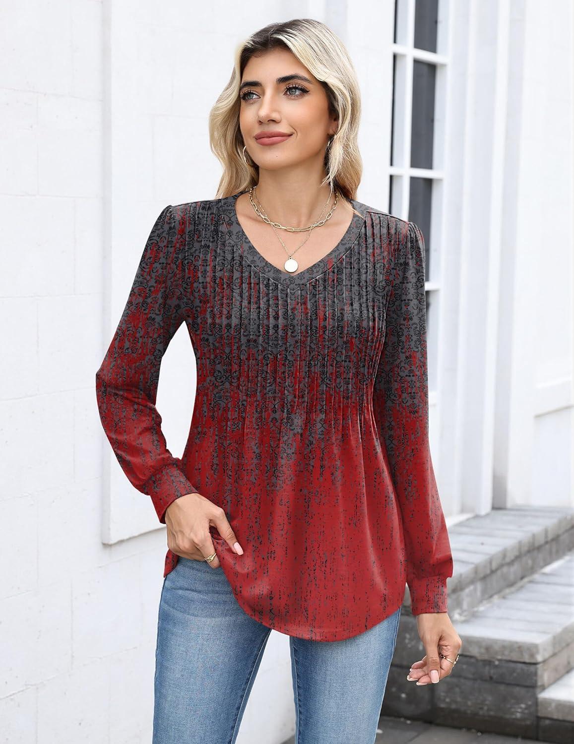 imageZeagoo Long Sleeve Shirts for Women Casual V Neck Top Pleated Floral Boho Blouses 2026 Fall TunicsMz838