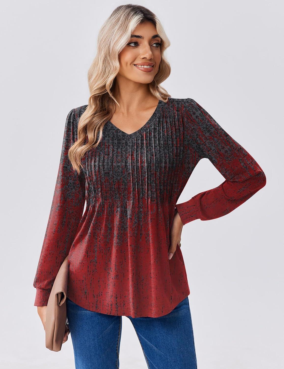 imageZeagoo Long Sleeve Shirts for Women Casual V Neck Top Pleated Floral Boho Blouses 2026 Fall TunicsMz838