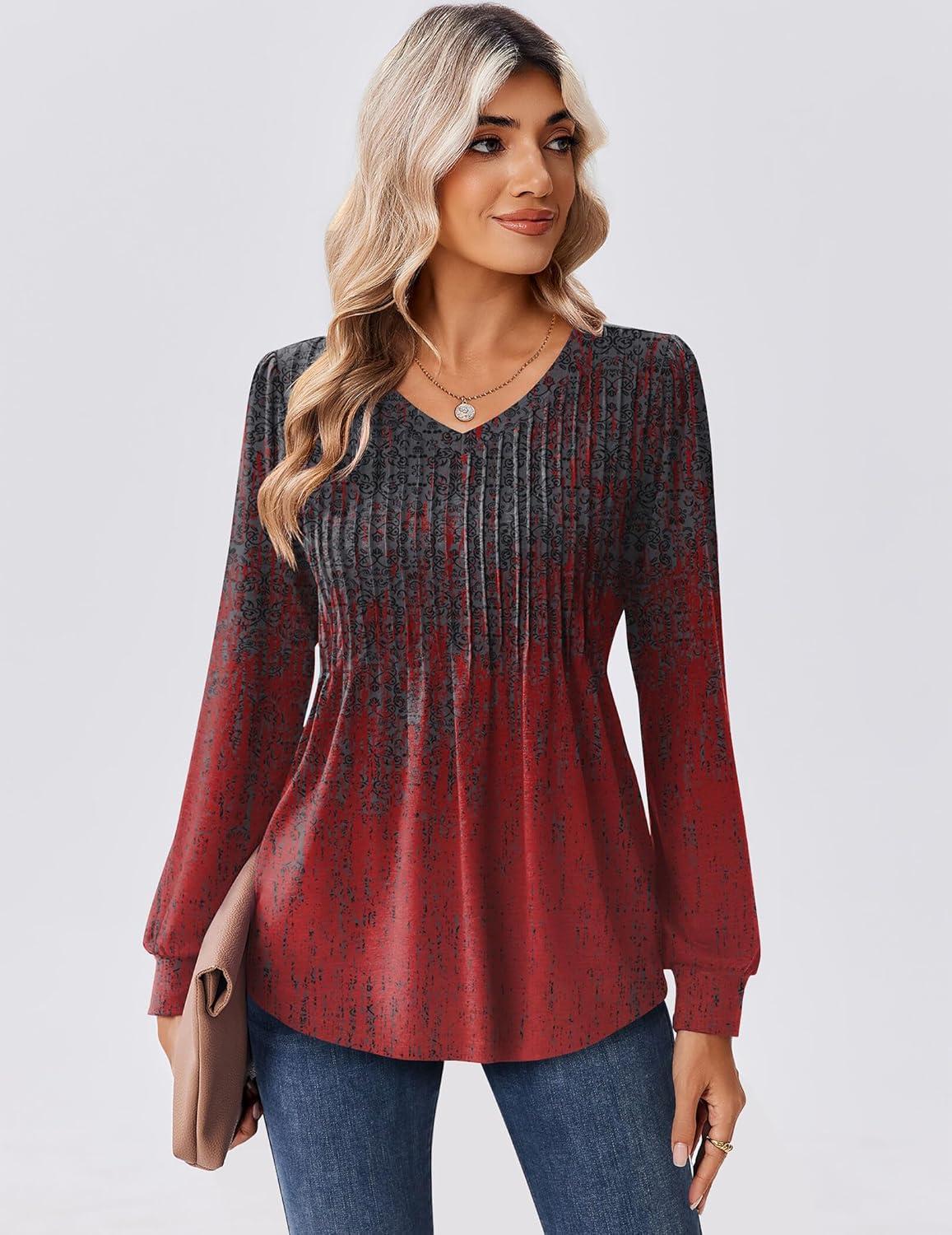 imageZeagoo Long Sleeve Shirts for Women Casual V Neck Top Pleated Floral Boho Blouses 2026 Fall TunicsMz838