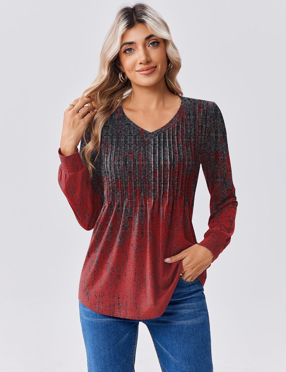 imageZeagoo Long Sleeve Shirts for Women Casual V Neck Top Pleated Floral Boho Blouses 2026 Fall TunicsMz838