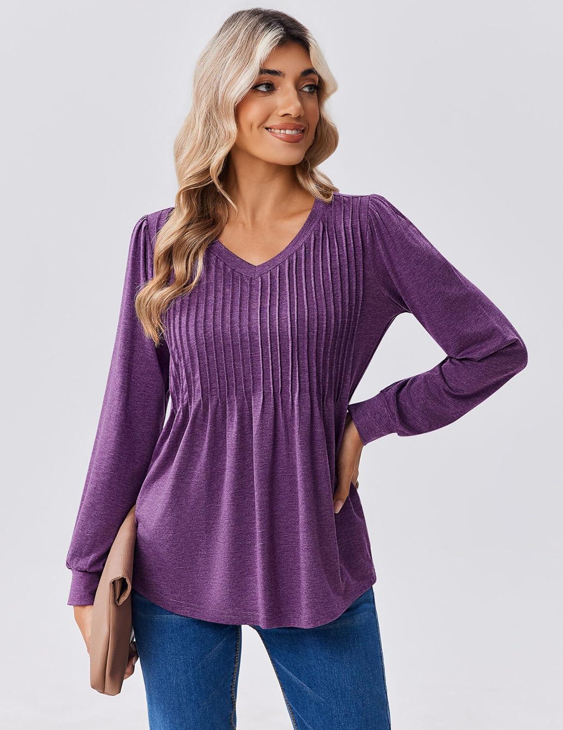 imageZeagoo Long Sleeve Shirts for Women Casual V Neck Top Pleated Floral Boho Blouses 2026 Fall TunicsPurple