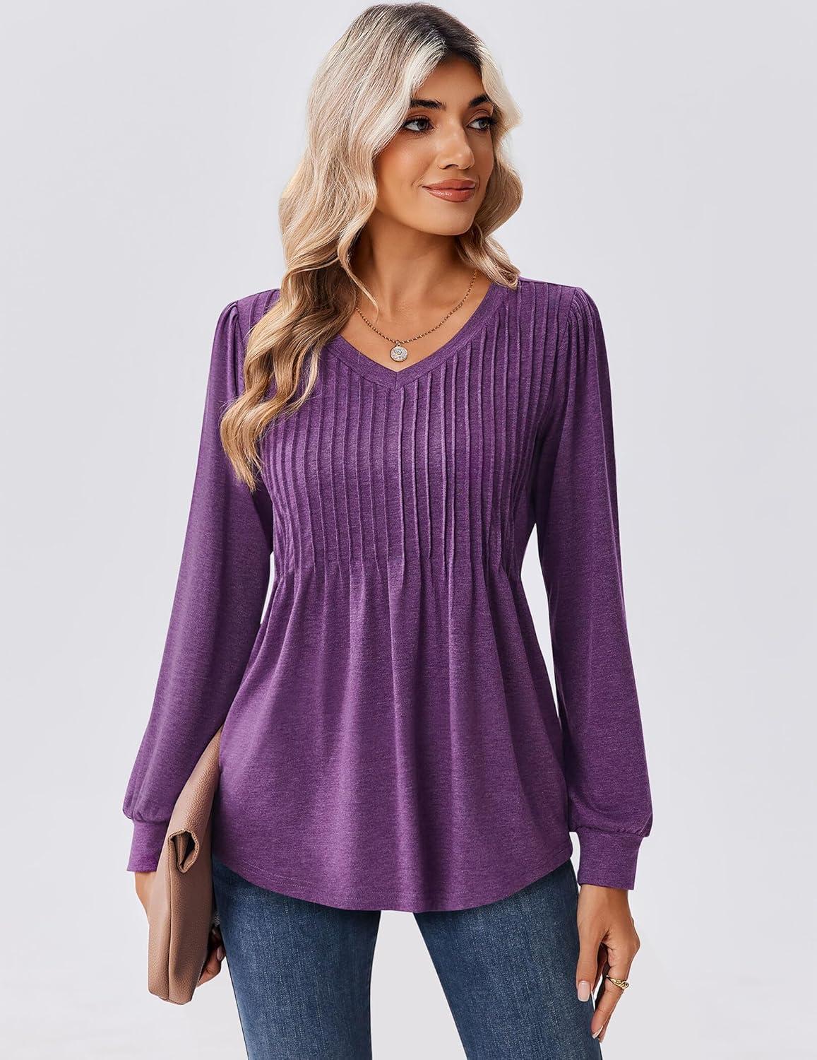 imageZeagoo Long Sleeve Shirts for Women Casual V Neck Top Pleated Floral Boho Blouses 2026 Fall TunicsPurple